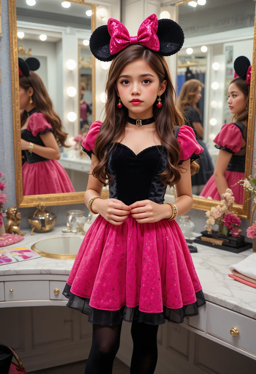 Tween boy dressed as a girl in a boutique backroom