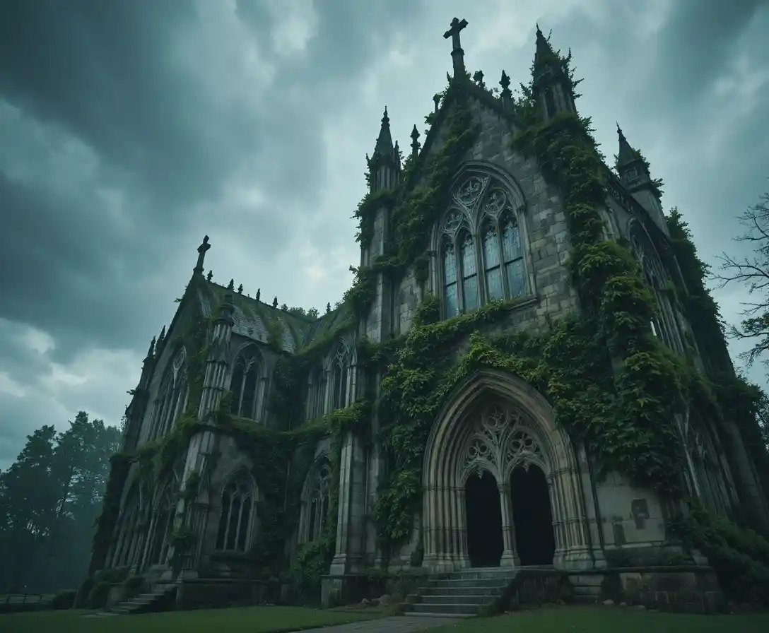 Ancient gothic church wrapped in ivy under storm clouds
