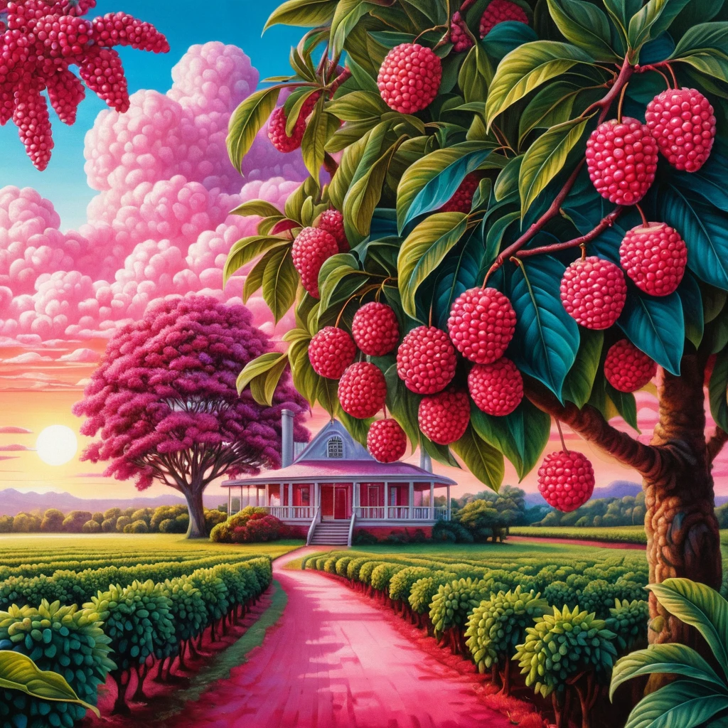 Surrealer Obstgarten bei Sonnenaufgang mit Litschis und Maulbeeren