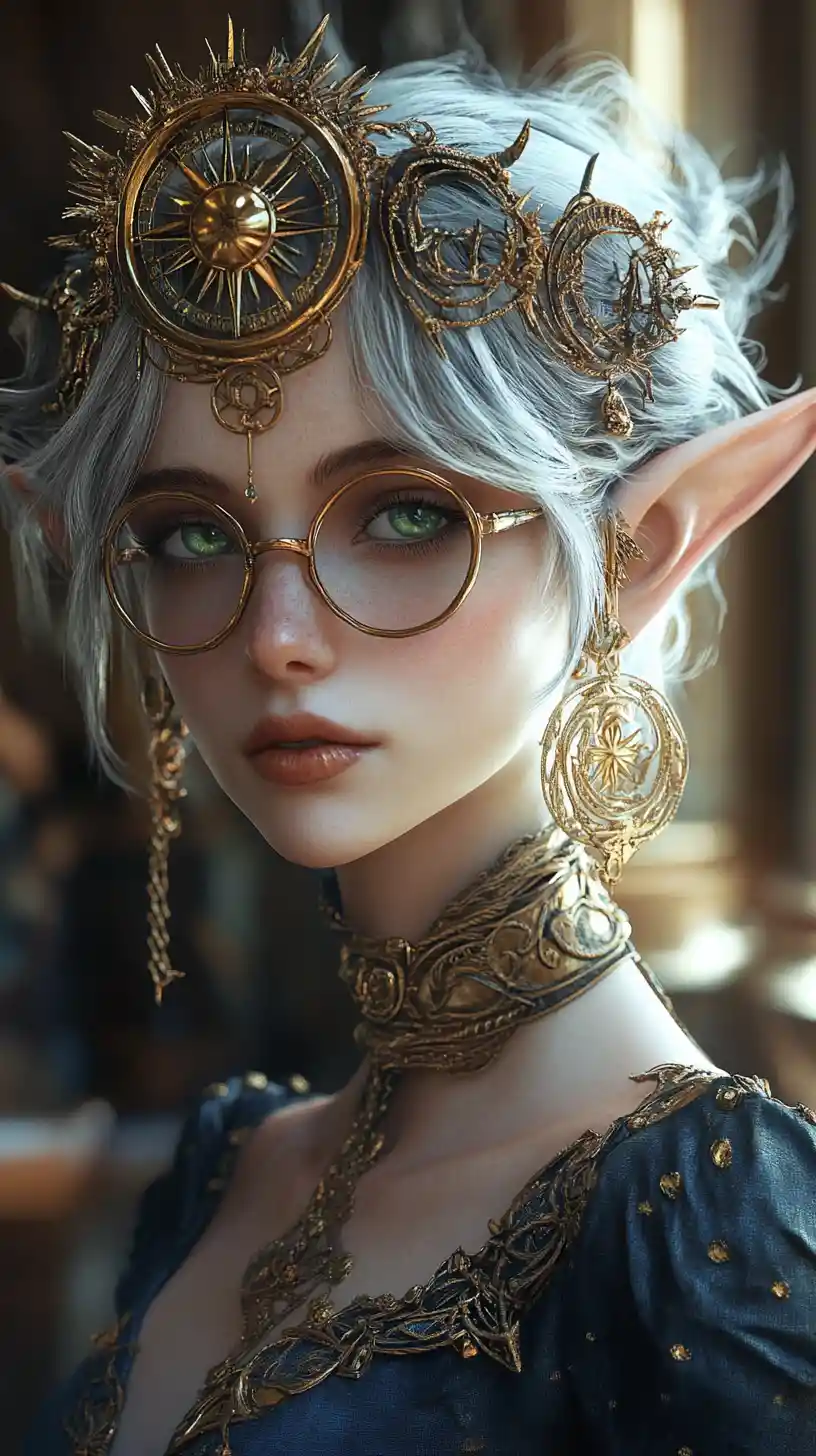 Dark elf woman with celestial gold jewelry and glasses