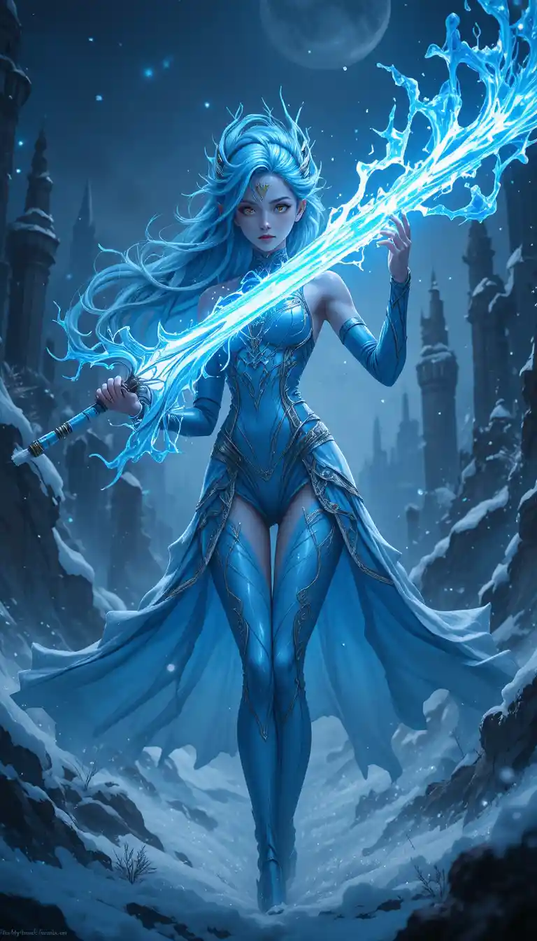 闇の雪原ファンタジー世界の氷剣の戦士少女
