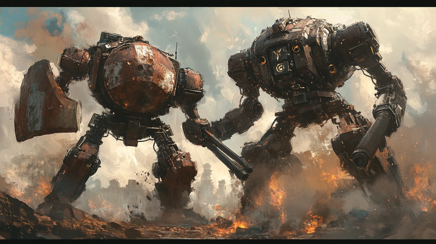 Rusted veteran mech faces advanced armored combat unit