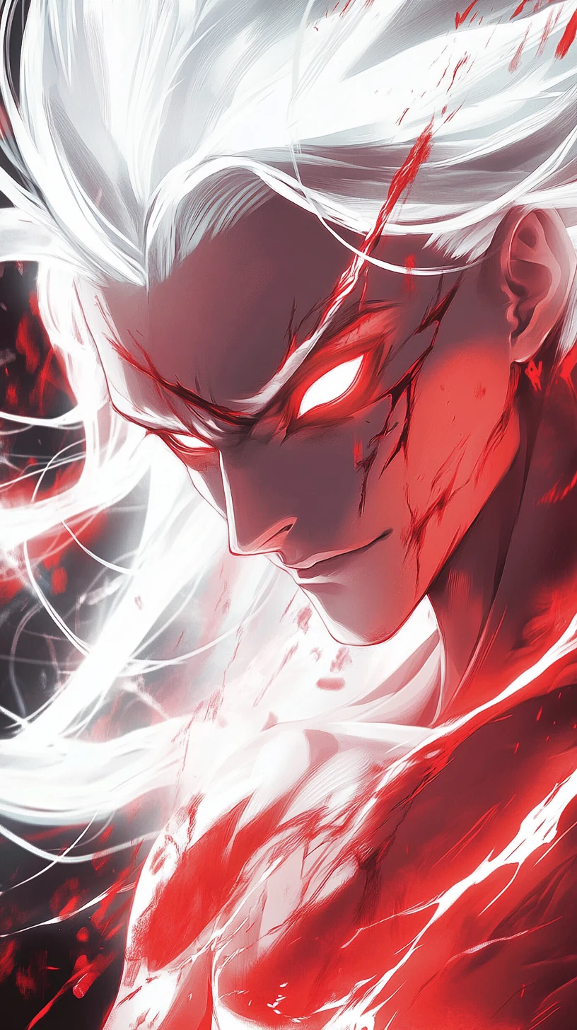 Mächtiger Anime-Krieger mit purpurroter Energie und rissiger Haut