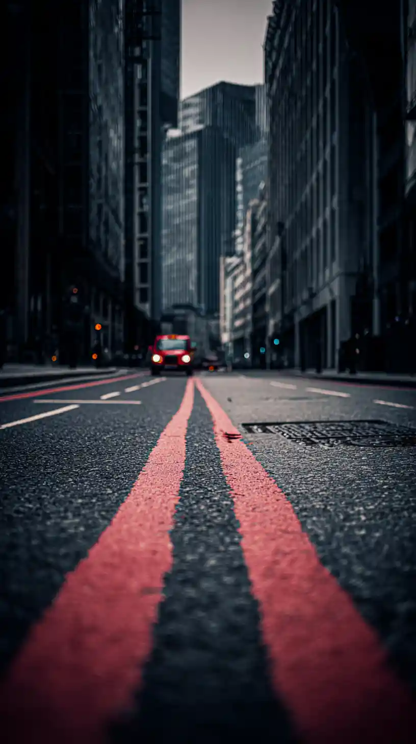 Lonely taxi on red bus lane between towering city skyscrapers