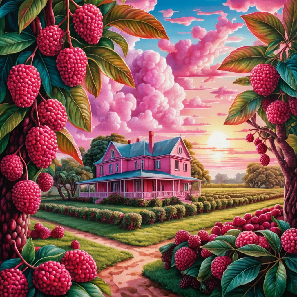 Surrealer Sonnenaufgangs-Obstgarten mit rosa Litschis und Maulbeeren