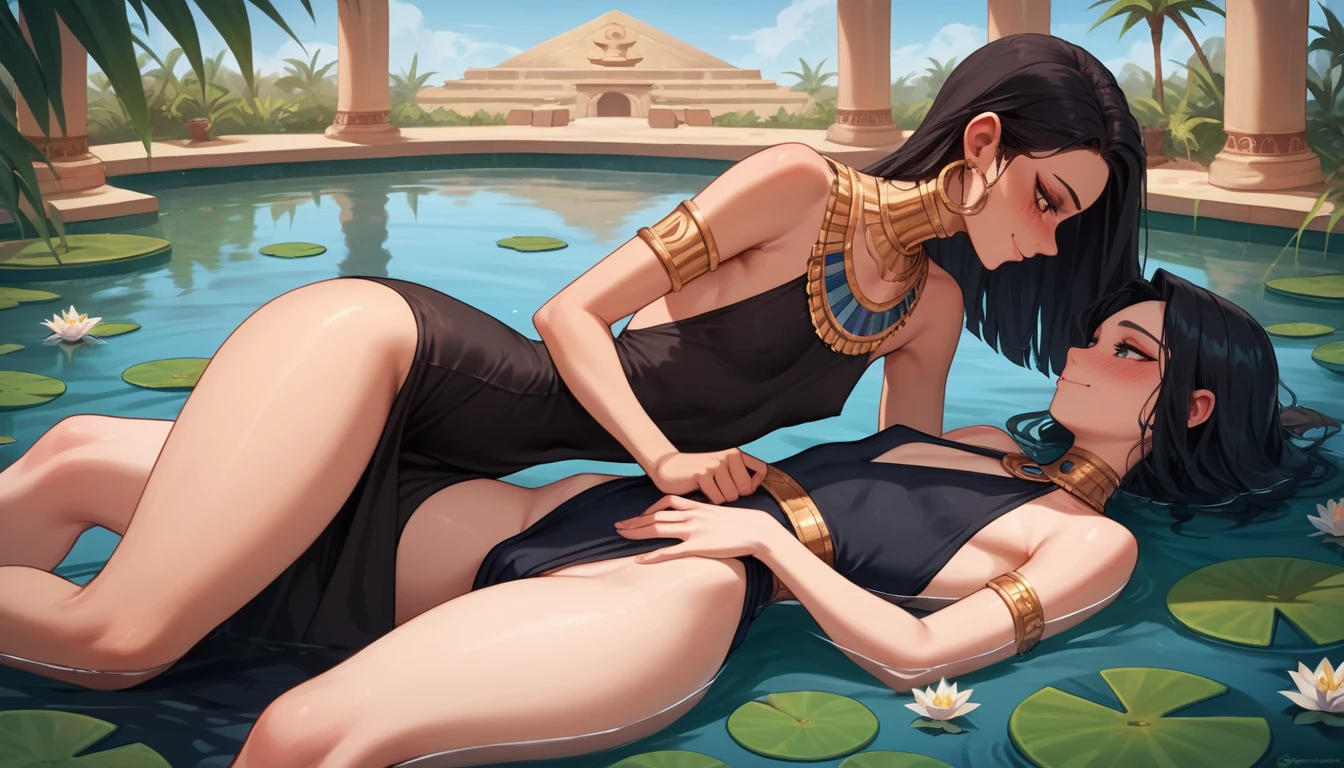 Duas garotas de anime deitadas juntas em um tranquilo lago de lírios