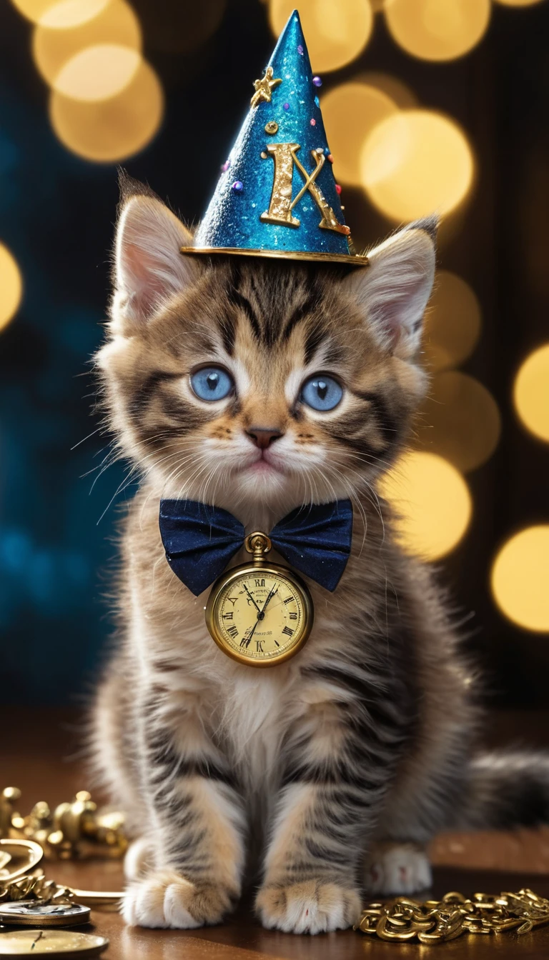 Adorable gatito atigrado con sombrero de fiesta sobre un reloj de bolsillo antiguo