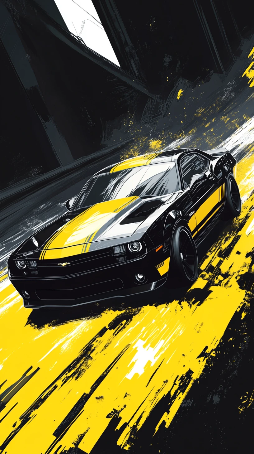 Black muscle car racing along a bold yellow road