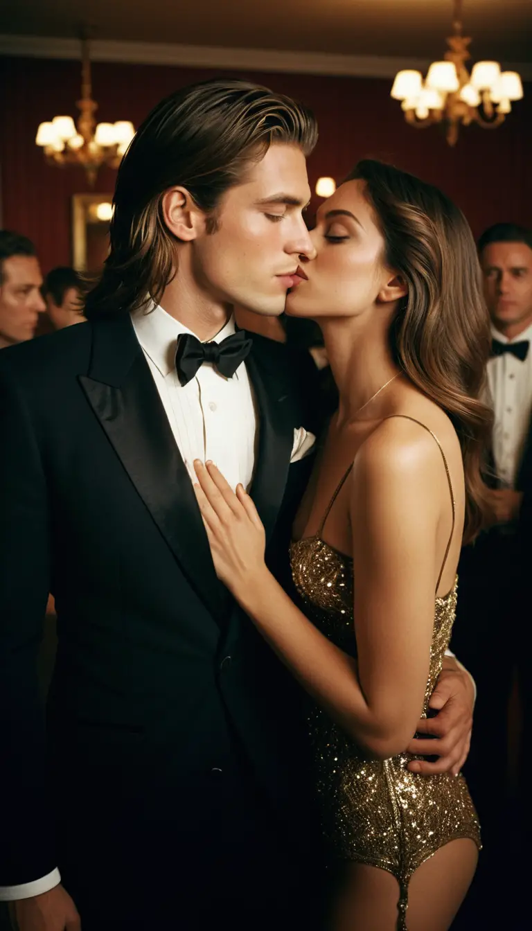 Eleganter junger Mann küsst Frauen auf einer Luxusparty