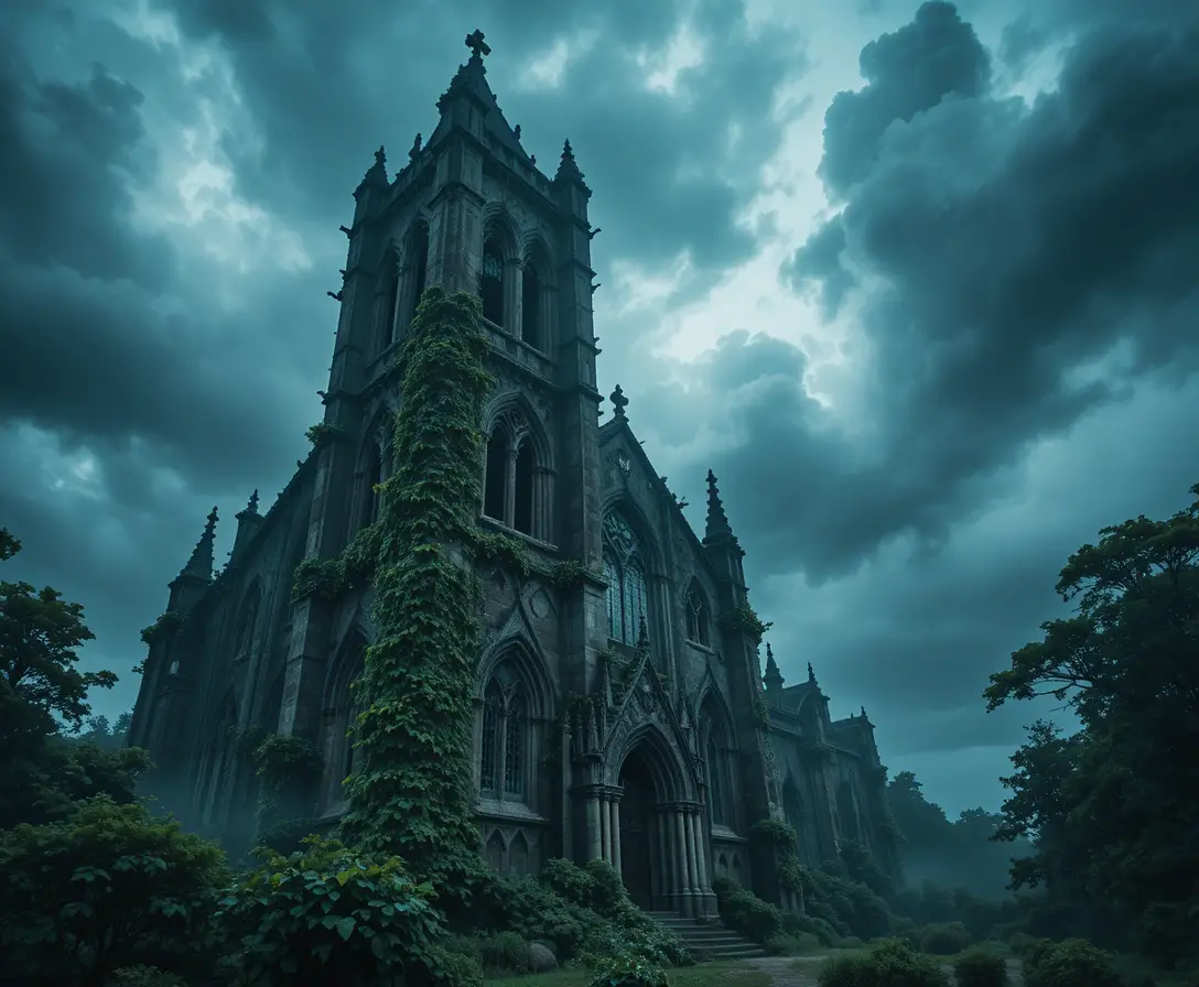 Gothic church ruin glowing with ethereal light before a storm