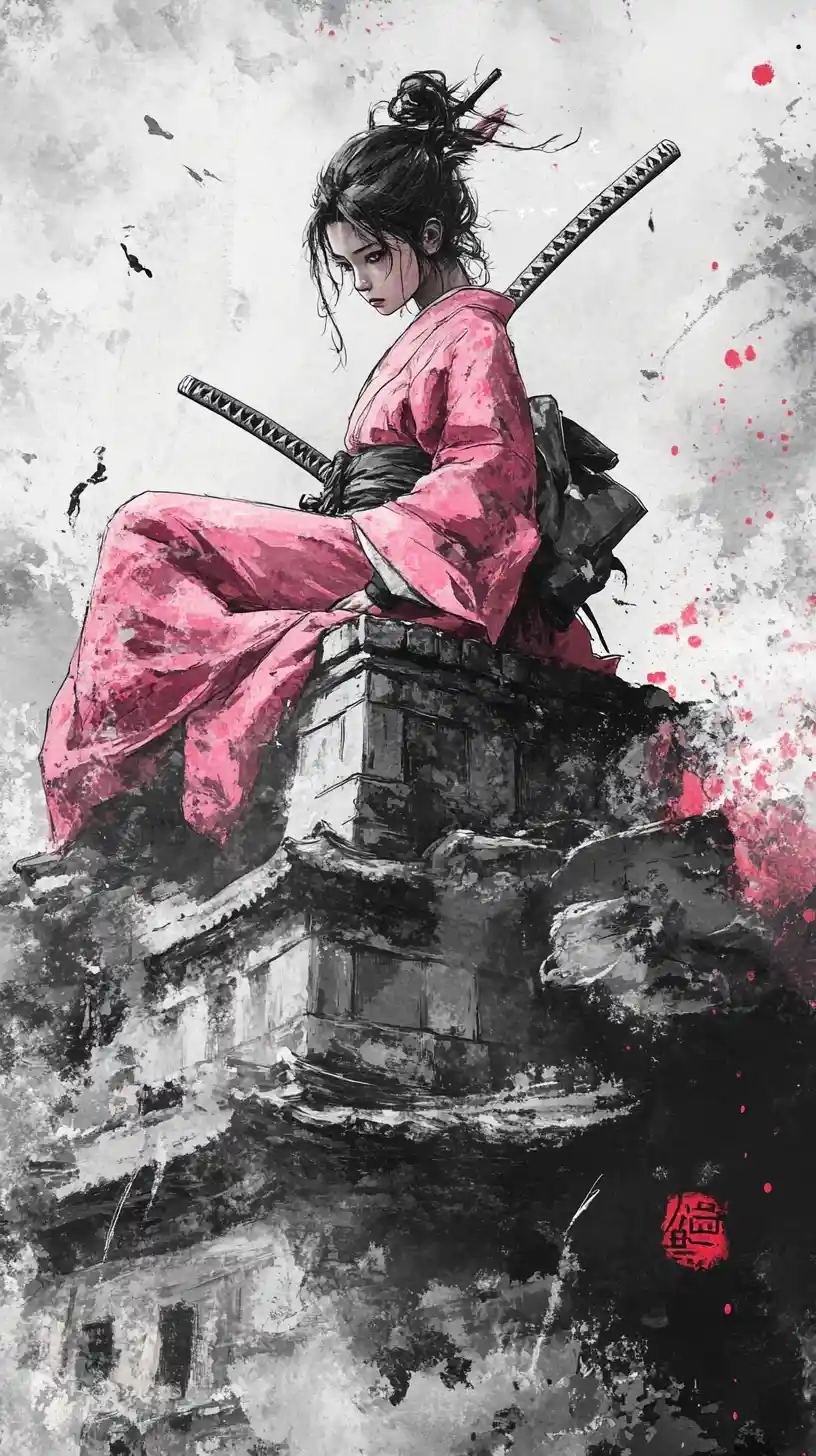 Young samurai woman on temple ruins in ink illustration