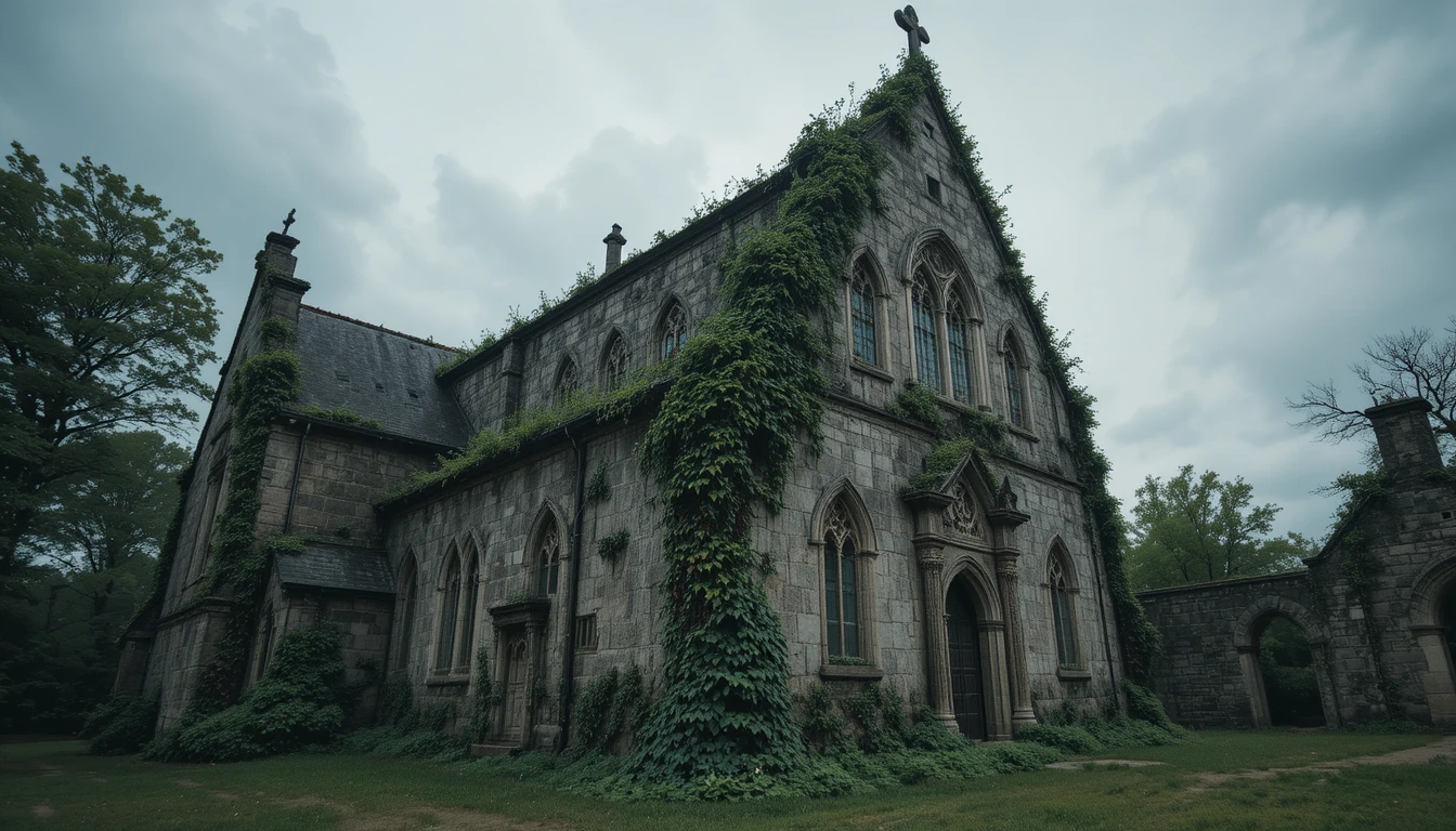 Antiga igreja coberta de hera sob um céu escuro e ameaçador