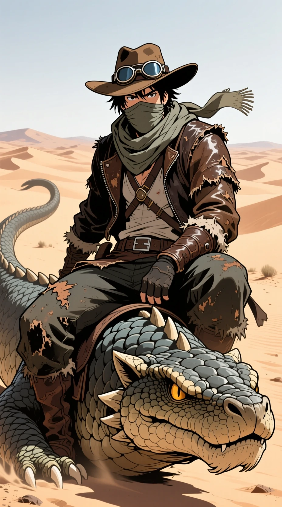 Manga rider on a scaled beast crossing vast desert dunes