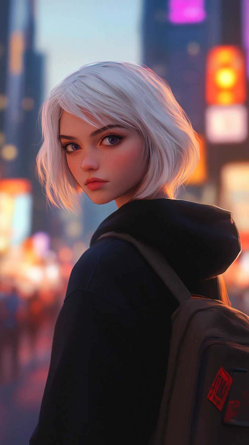 Young woman watching a futuristic city at sunset