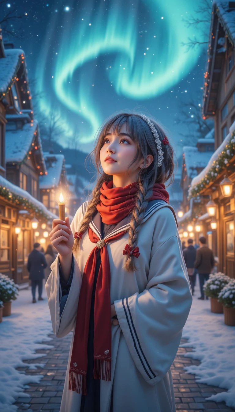 Anime girl with candle under aurora on winter night