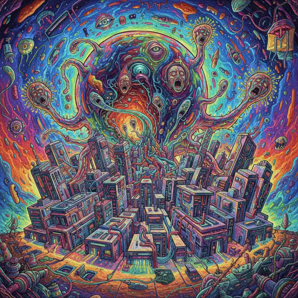 Protoplasmic monster merging with futuristic cybernetic city