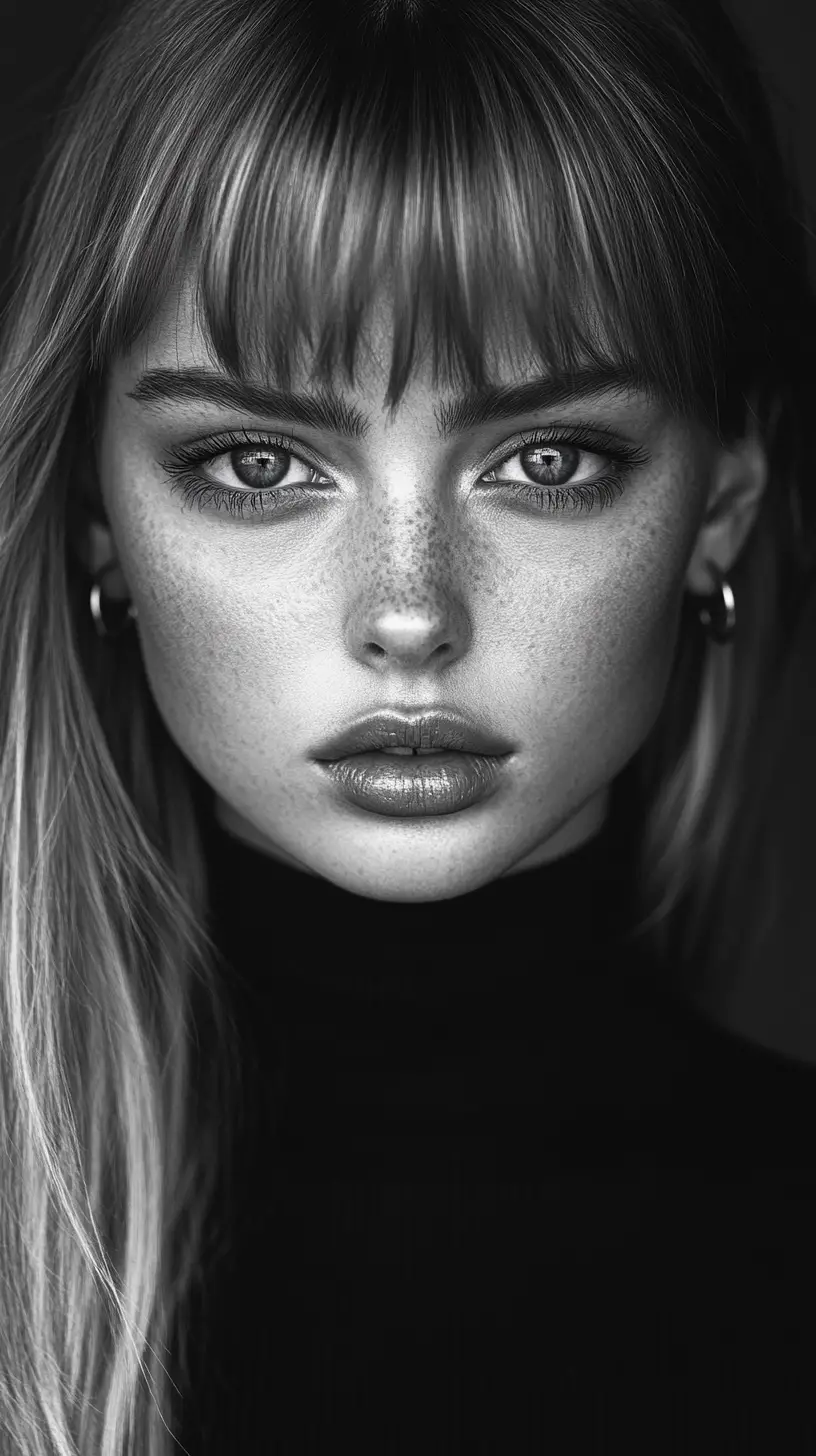Black and white close up portrait of blue eyed girl
