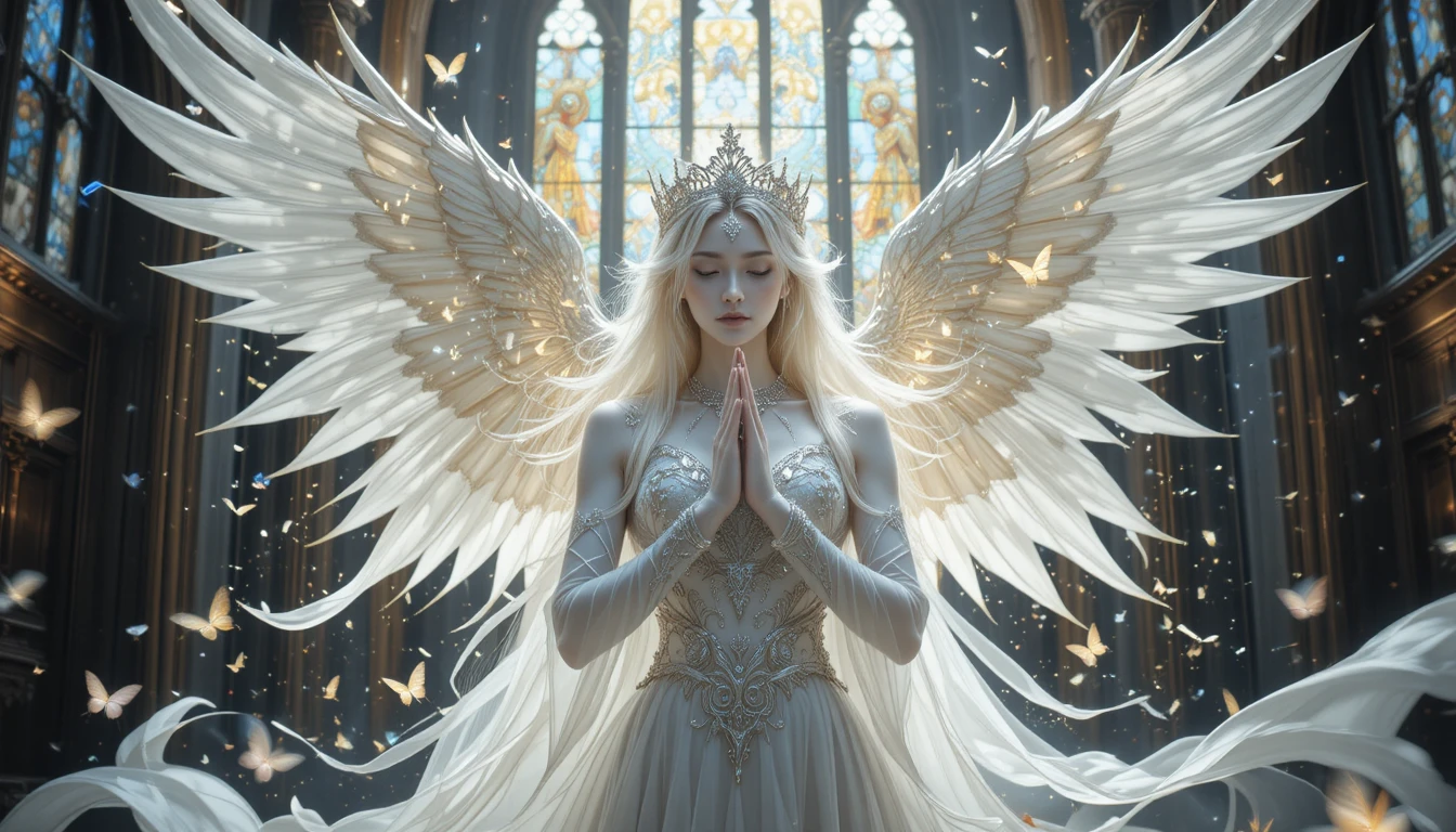 Regina angelica in abito di seta che prega in una chiesa oscura