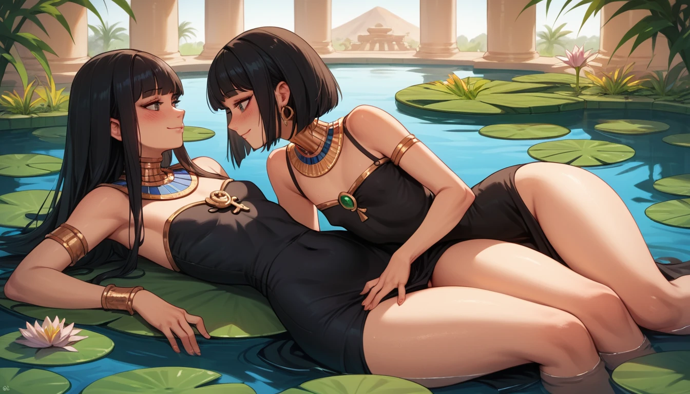 Zwei Anime-Mädchen liegen gemeinsam in einem ruhigen Teich