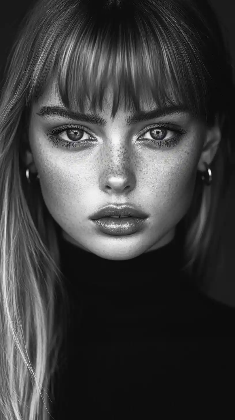 Black and white close up portrait of blue eyed girl