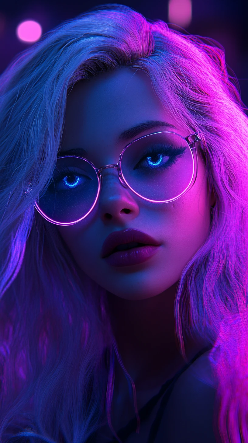 Silver haired anime girl in neon pink and purple glow