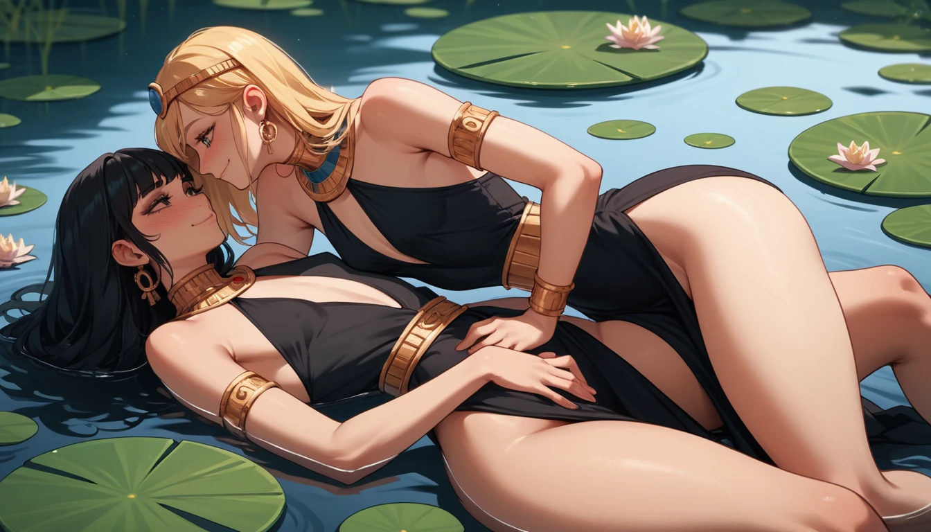 Deux filles d’anime se détendent ensemble dans un étang de nénuphars
