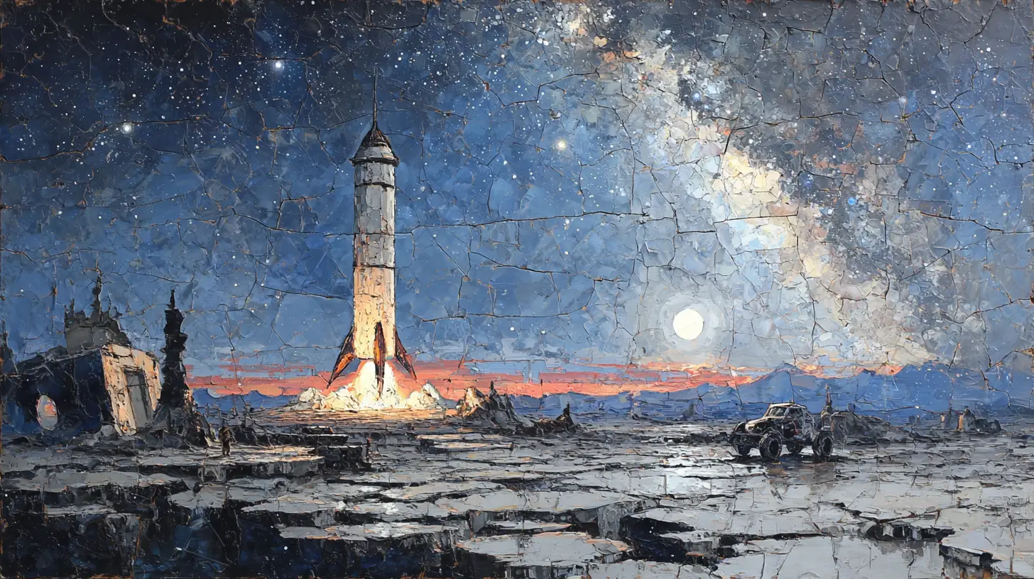 Renaissance style oil painting of a rocket landing on the moon