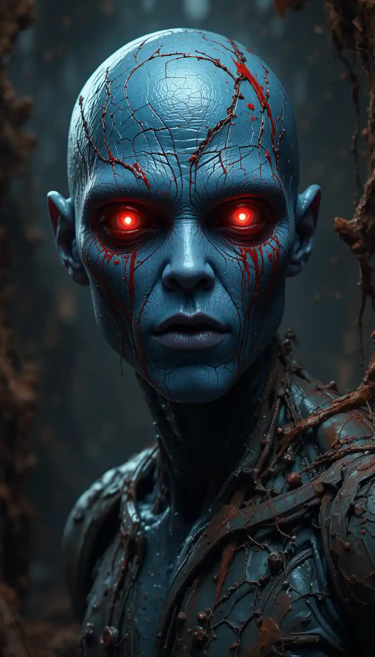 Alienígena azul siniestro con ojos rojos brillantes en la oscuridad