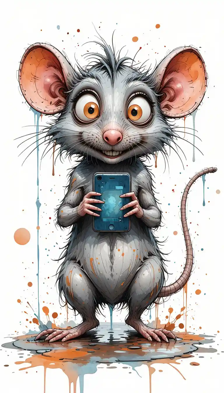 Ausgefallene Aquarell-Ratte mit großen Augen, die ein Smartphone hält