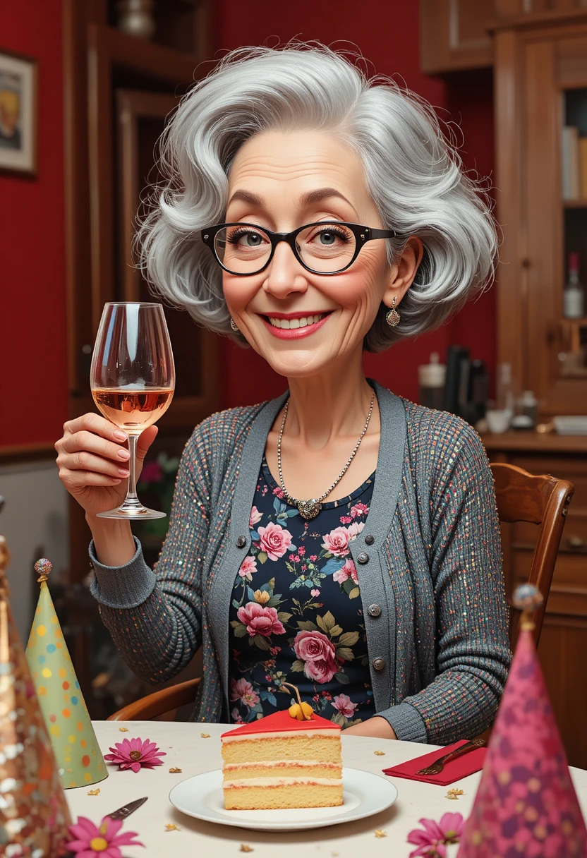 居心地のよい誕生日テーブルでロゼを手にほほ笑む年配の女性