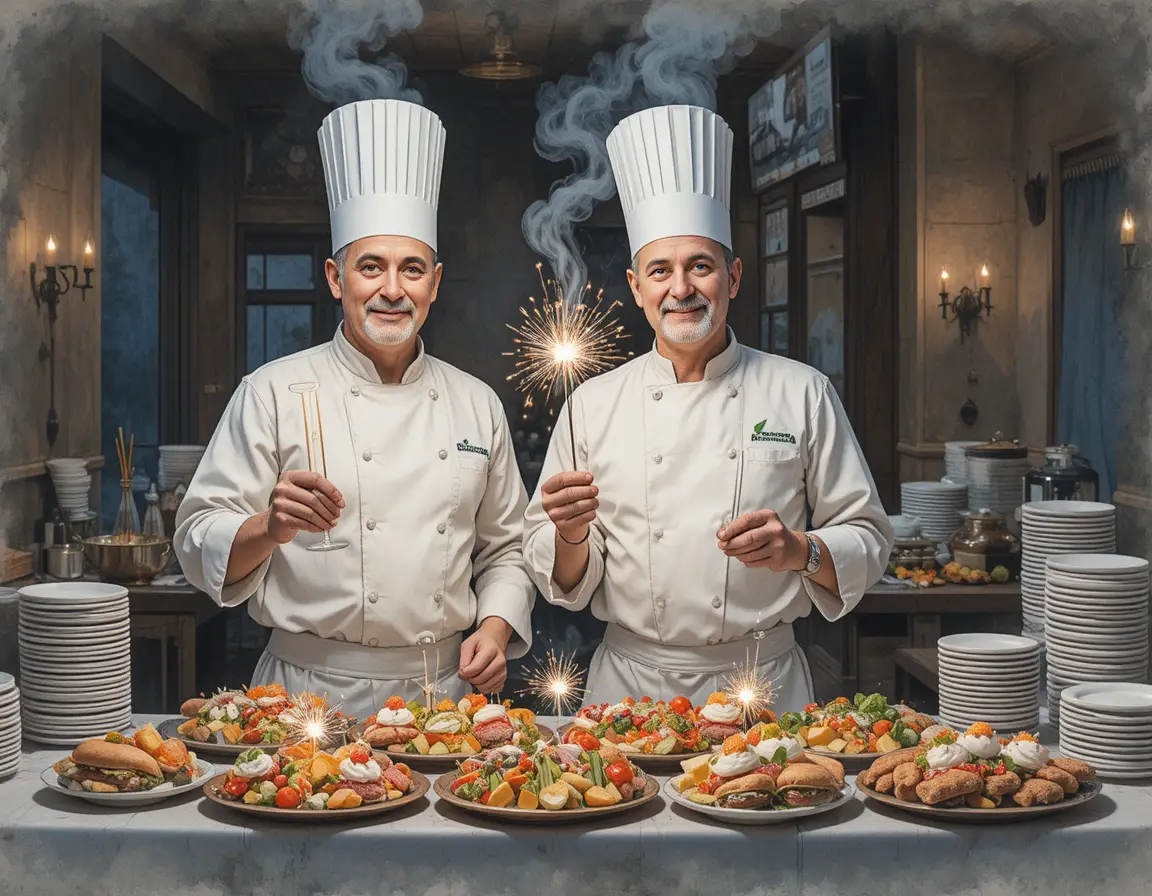 Chefs presenting sparkling appetizers in a modern restaurant
