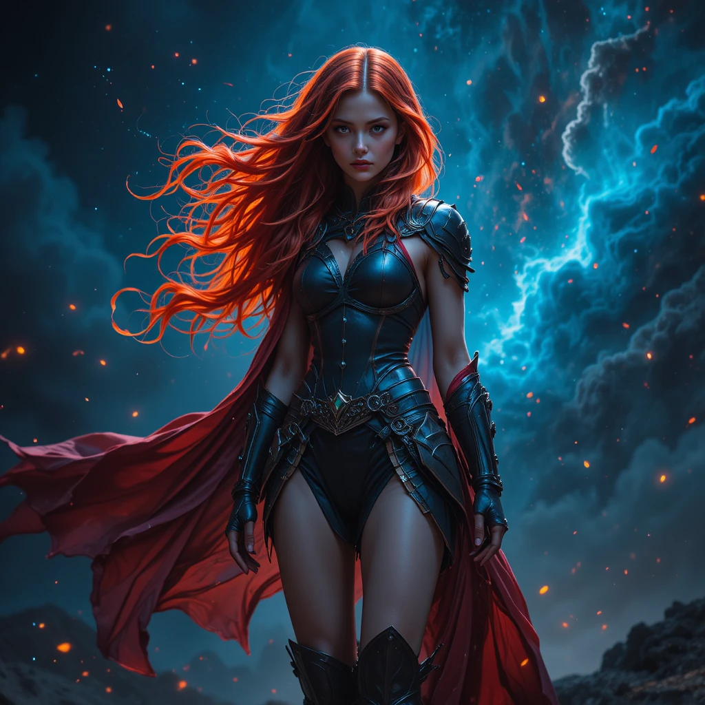 Fiery haired warrior woman in a dark cosmic realm
