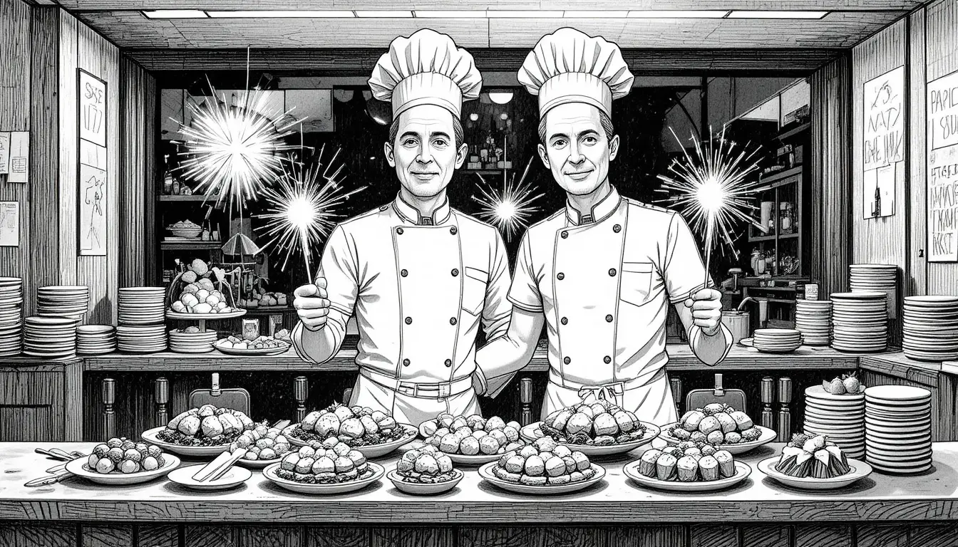 Chefs Present Sparkler Lit Appetizers In Modern Restaurant Kitchen