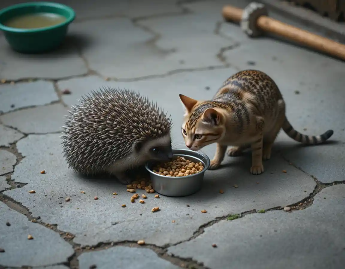 Cat and hedgehog sharing food on a rough cement floor