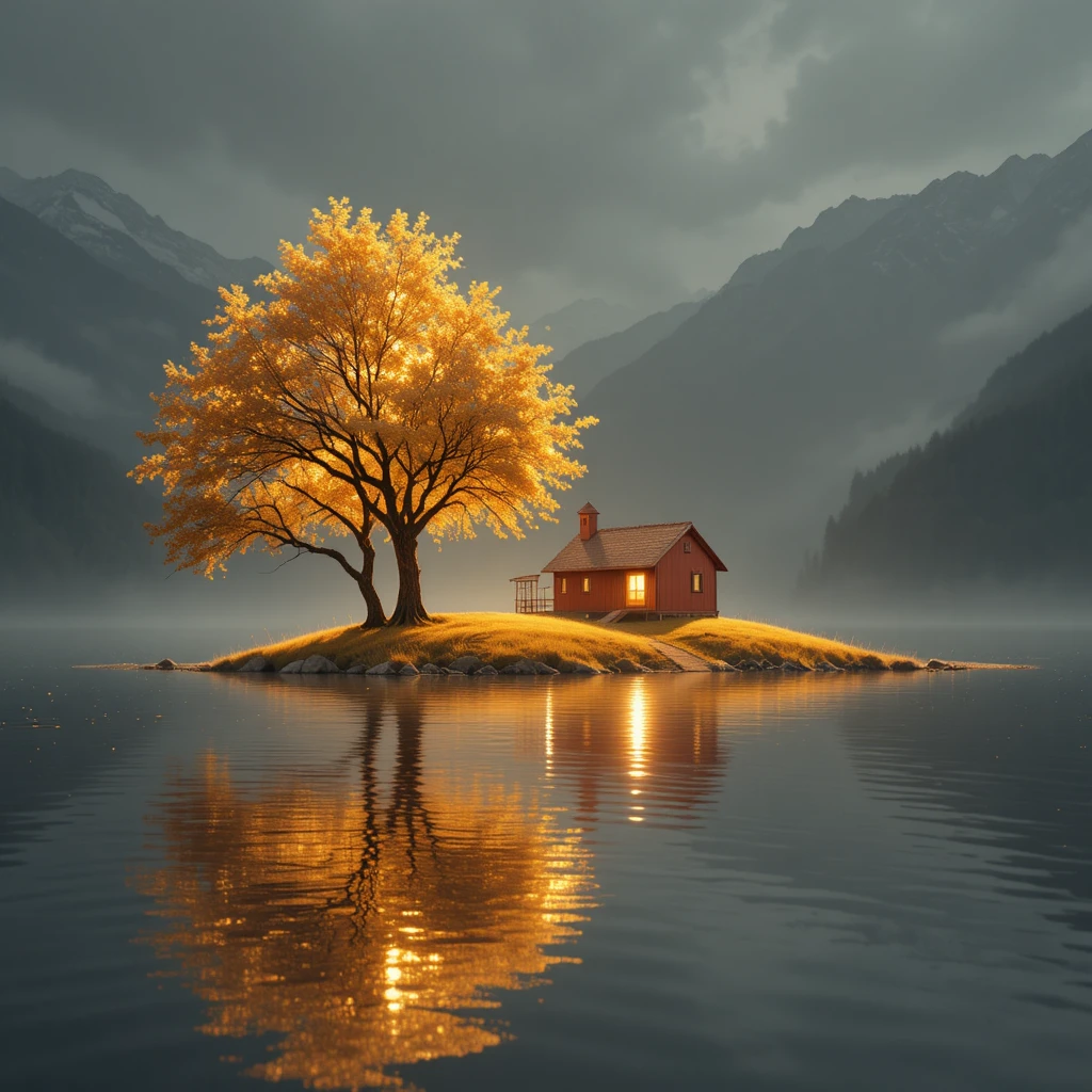 Dreamy golden lake with abstract trees and red cabin
