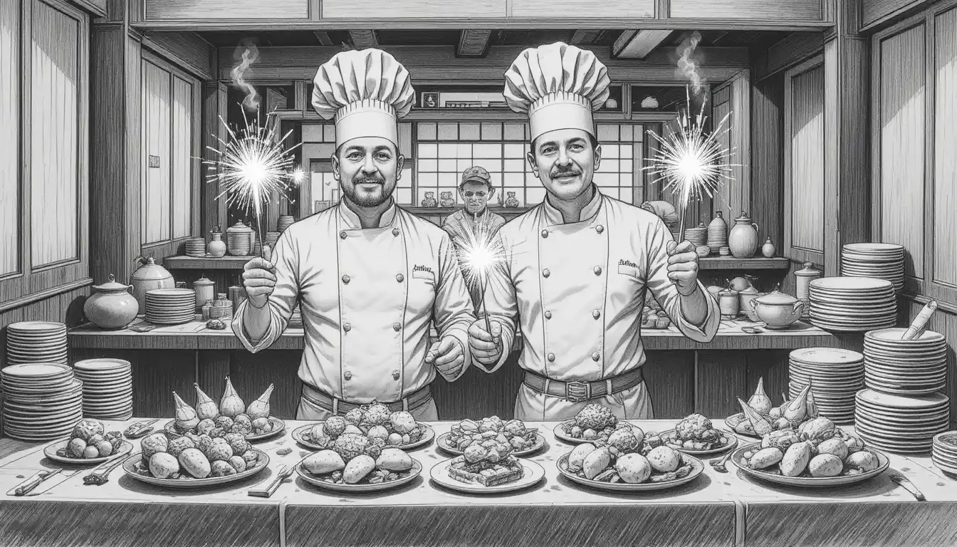 Chefs presenting sparkling appetizers in a modern restaurant kitchen