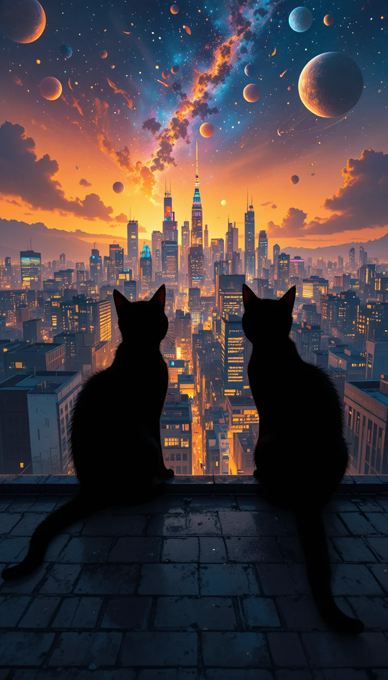 Dos gatos en una azotea con vistas al horizonte cósmico de la ciudad
