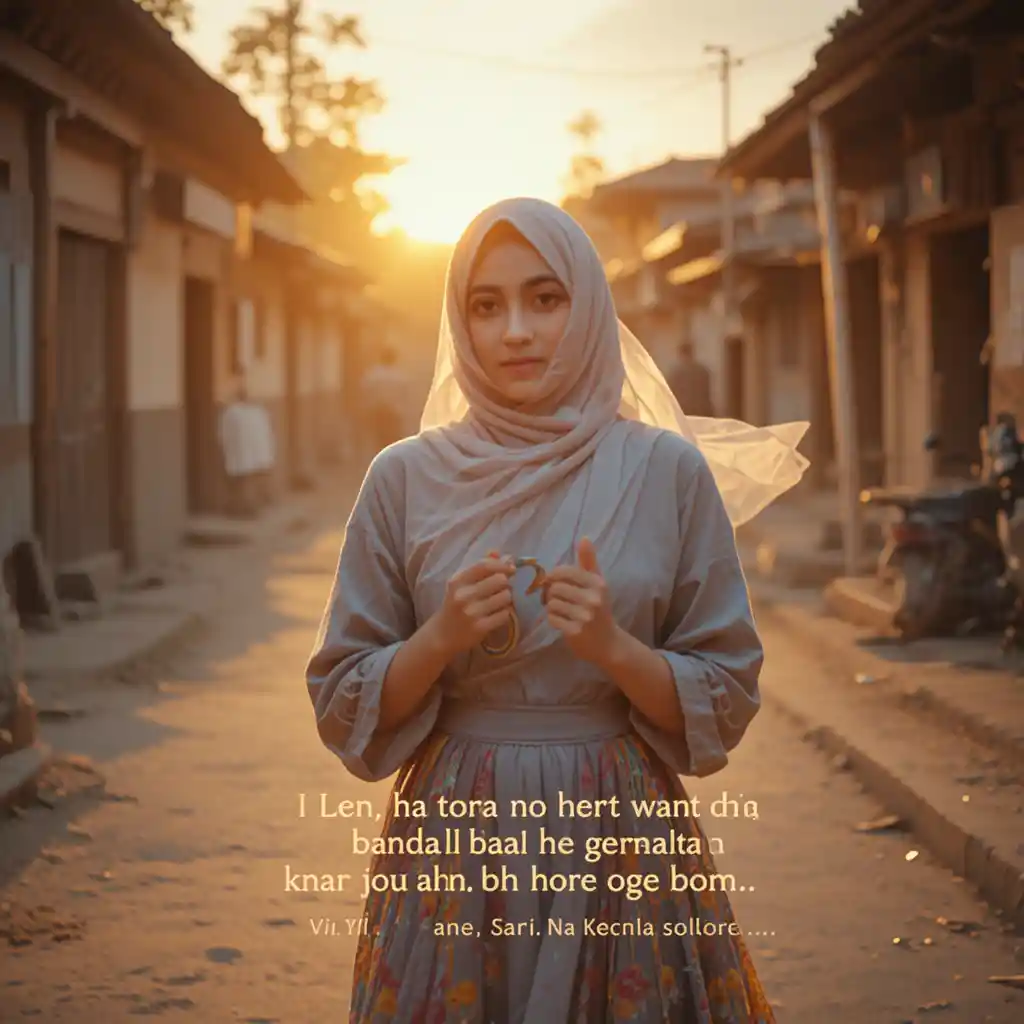 Young person walking a village street at warm sunset