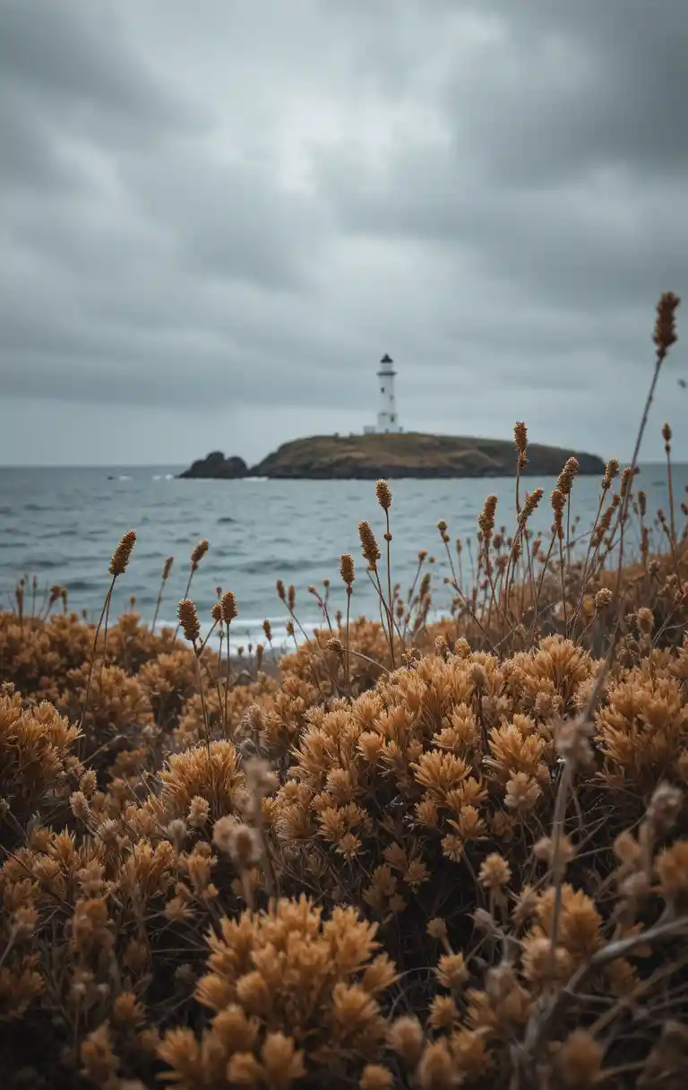 Paisaje marino sombrío con faro distante y hierbas costeras