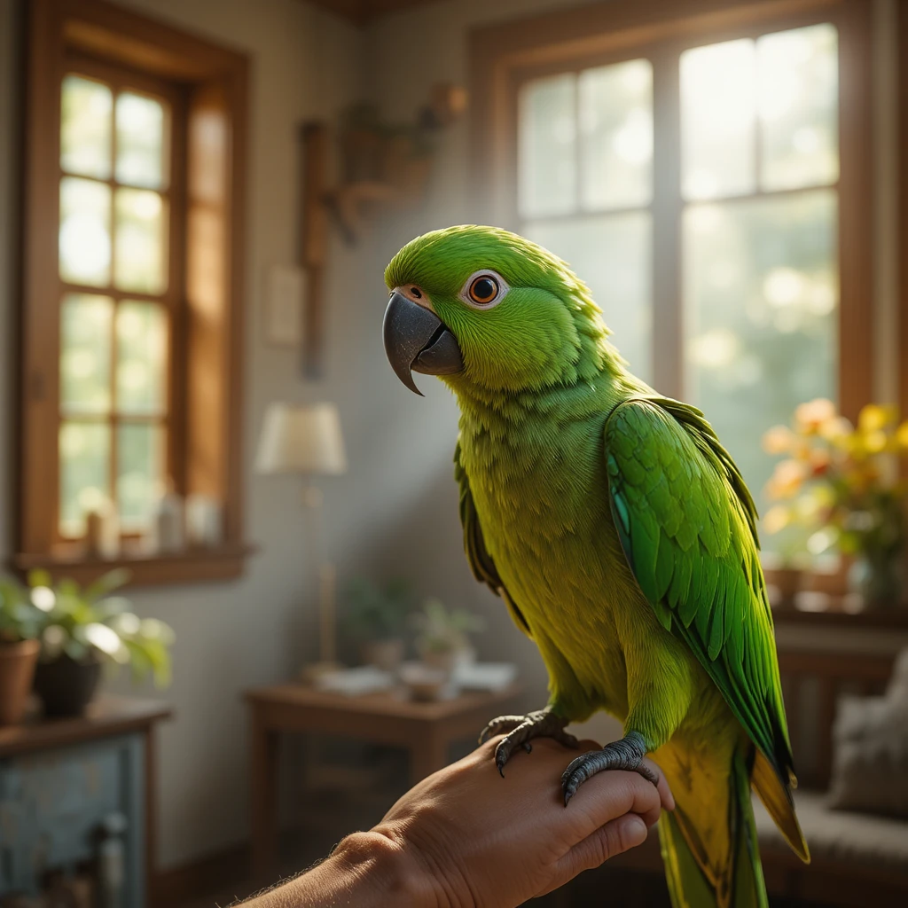 Perroquet vert reposant sur une main dans la douce lumière d’une fenêtre