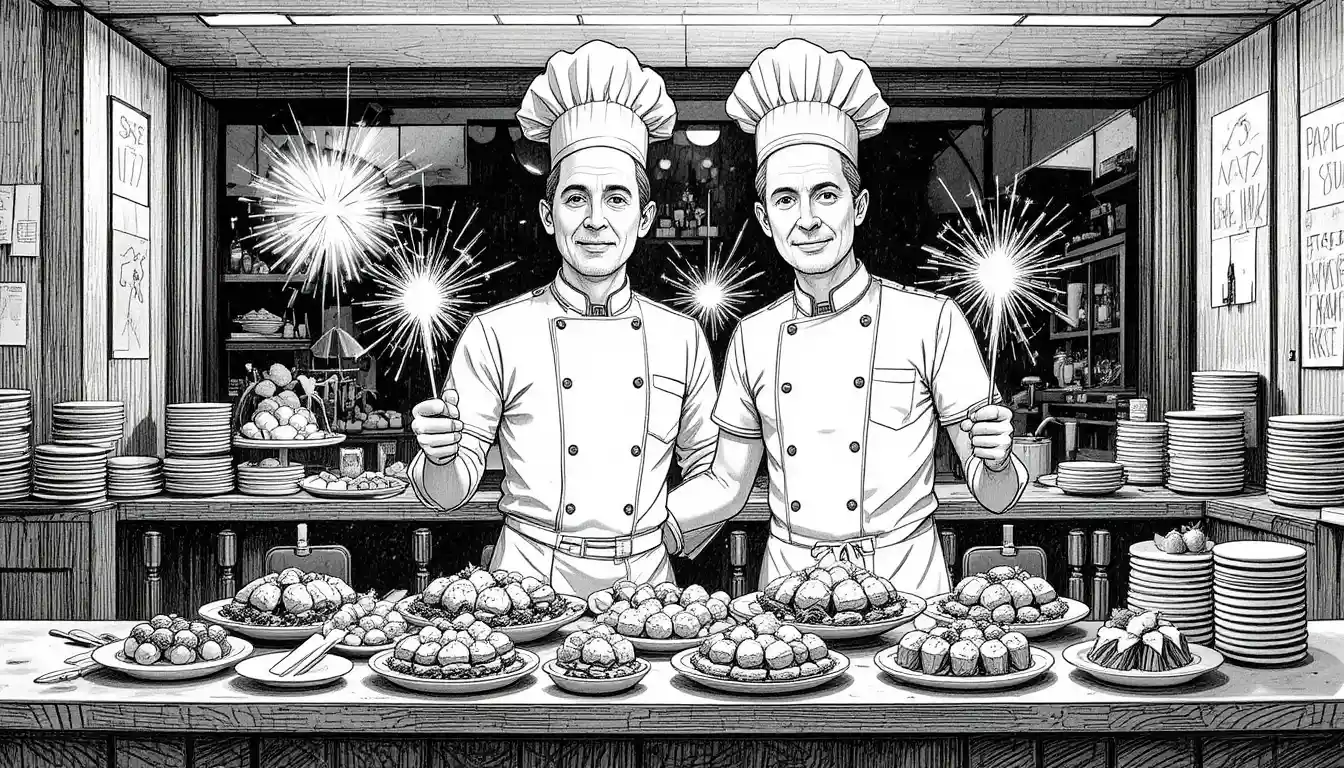Chefs Present Sparkler Lit Appetizers In Modern Restaurant Kitchen