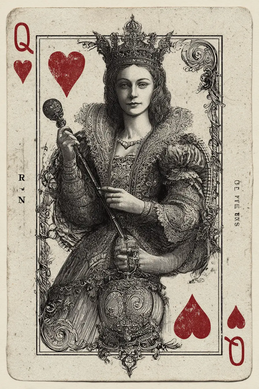 Gravierte Herz-Dame – Antike Spielkarten-Illustration