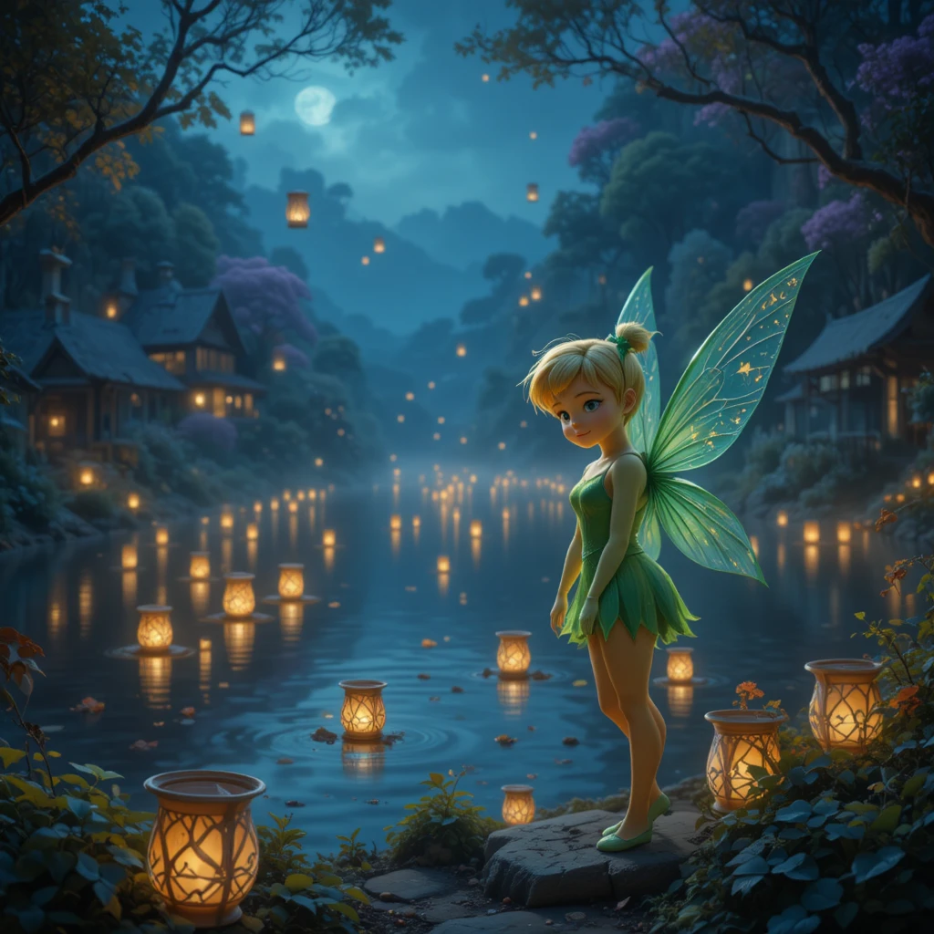Fairy girl by a lantern lit lake at night
