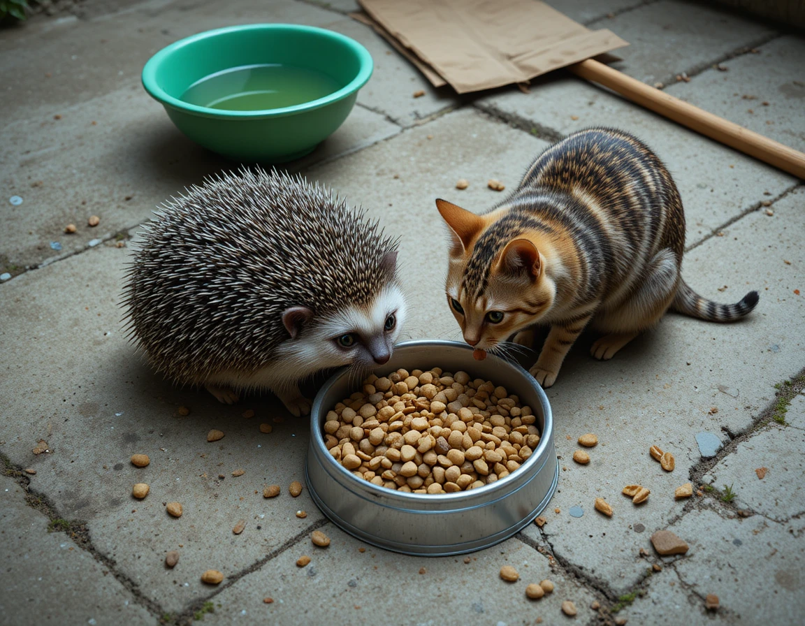 Igel und getigerte Katze teilen sich Futter auf Zementboden