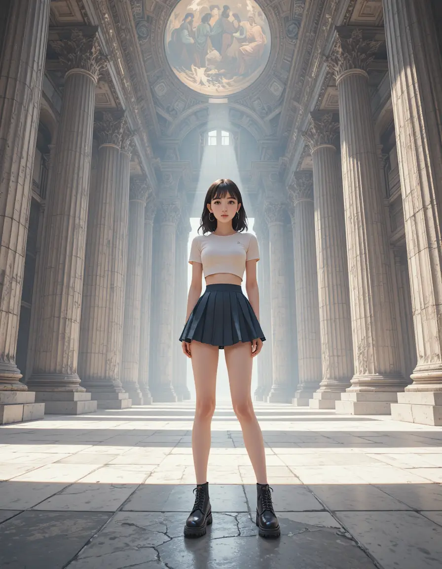 Anime girl in crop top inside grand ancient palace