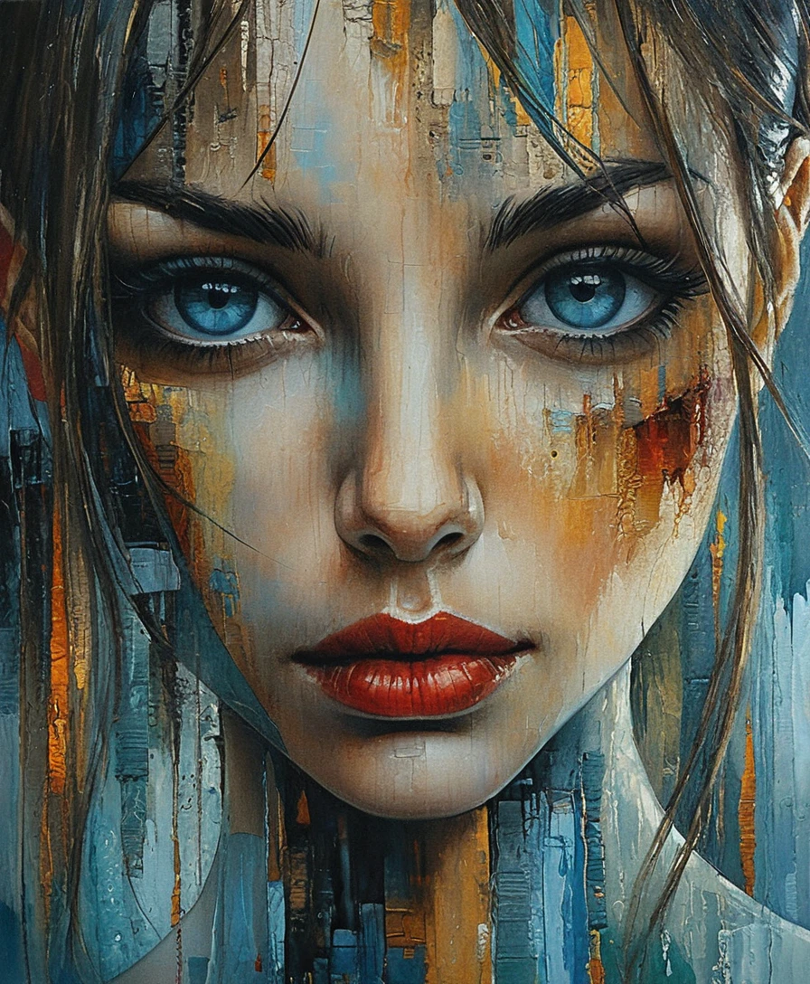 Expressionist portrait of a young woman with blue eyes