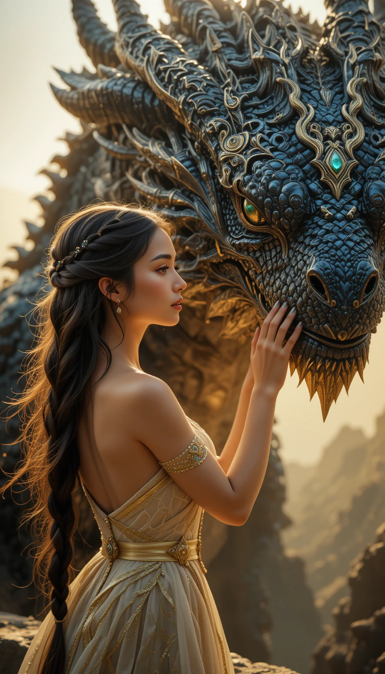 Woman bonding with a black and gold dragon on a ledge