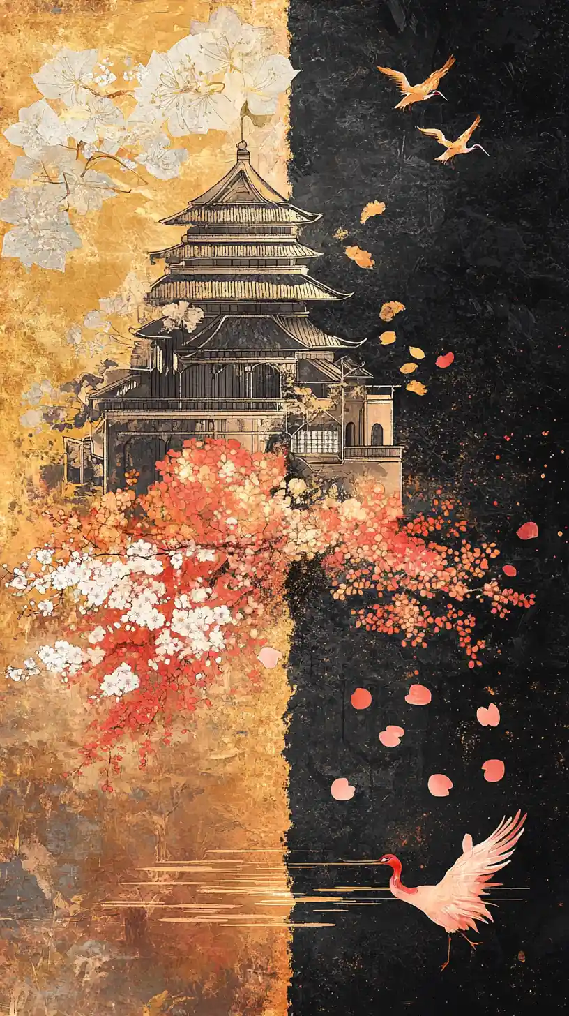 Japanese pagoda painting with cranes and cherry blossoms
