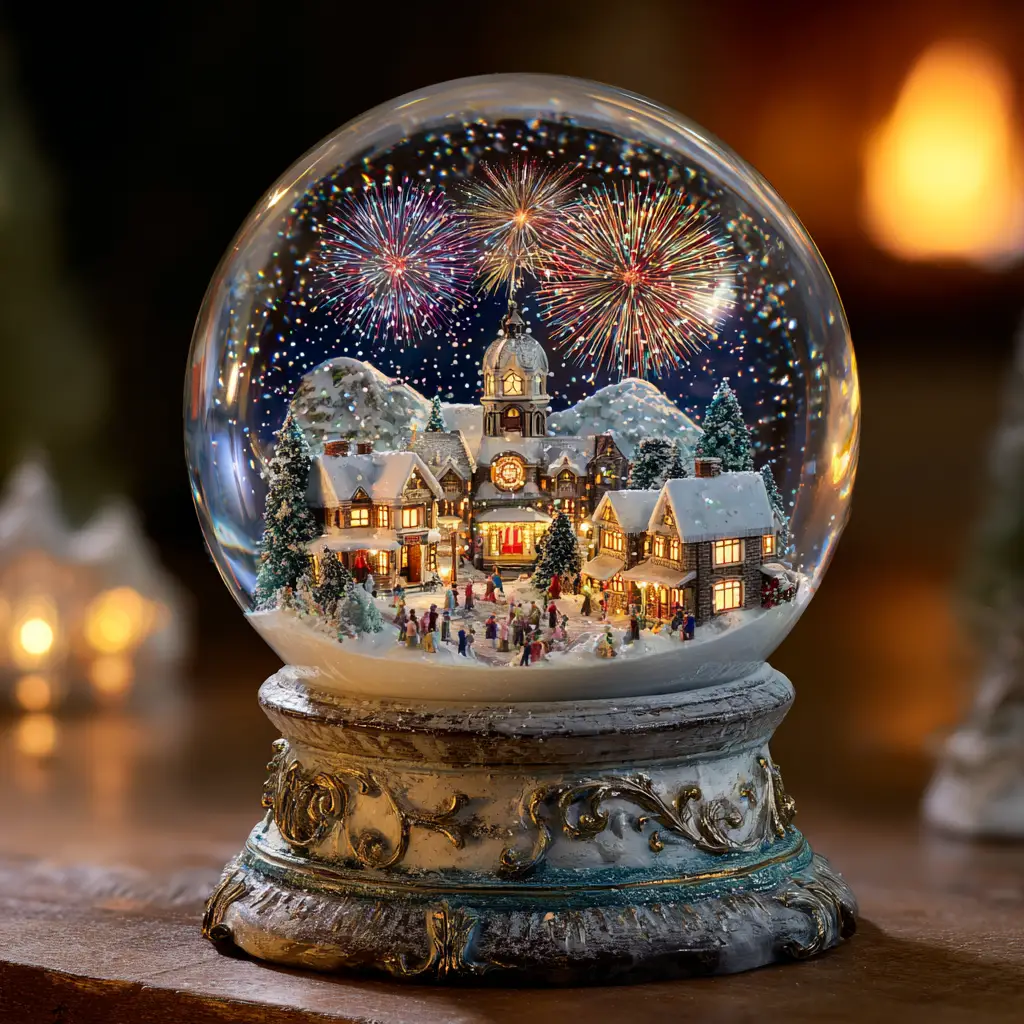 Magical snow globe with festive winter fireworks town
