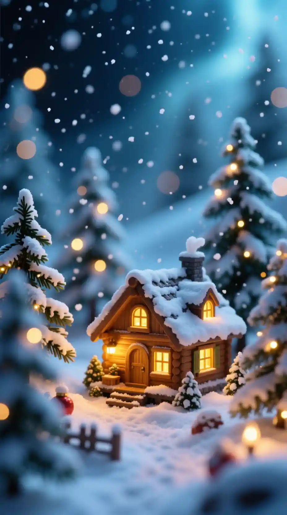 Miniature winter cabin with glowing windows in falling snow